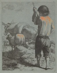 Pastor com burro, ovelha e cabra