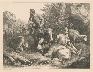 Dois pastores com uma vaca e um bezerro