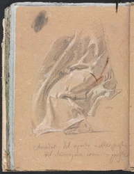Verona Sketchbook: Estudo de cortinas com pé e inscrição (página 88)
