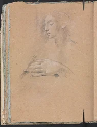 Verona Sketchbook: cabeça feminina e mão esquerda (página 42)