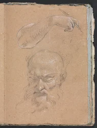 Verona Sketchbook: Cabeça de um homem barbudo e braço e mão direita (página 59)