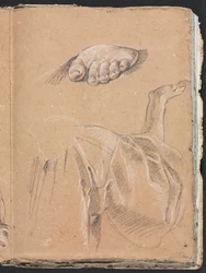 Verona Sketchbook: Estudo de um pé esquerdo e estudo de cortinas com o braço direito (página 79)