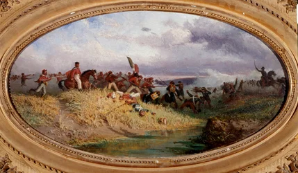 Risorgimento: «O patriota italiano Giuseppe Garibaldi atravessa o rio Volturno». Cena da Batalha do Volturno durante a Expedição dos Mil (ou Camisas Vermelhas) em outubro de 1860. (1830-1905). Nápoles, Museo Nazionale