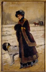 Jovem mulher com um cão Jovem burguesa usando um pêlo e uma manga. Pintura de Francisco Miralles Galup (1848-1901) Coleção Particular do século XIX