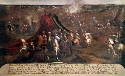 Guerra da Candia (Creta): "batalha entre a frota veneziana de Francesco Morosini (1619-1694) e a frota turca em fuga em 1650" (Guerra Cretana (1645-69): a batalha entre a frota veneziana e turca em 1650) Pintura de Francesco Monti dit il Bresciani