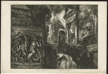Titelprent coloca tempel em bouwfragmenten Pompeia Tomé Premier (título no objeto) Grande Frontispício do Primeiro Volume das Antiguidades de Pompeia / Templo queimado pela segunda vez / Guerra dos Gigantes contra Júpiter (título no objeto)