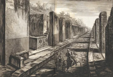 Vista da rua que entra por baixo da porta de entrada da cidade de Pompeia, com o pé..., 1804.