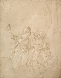 Figura feminina clássica Diana ou Vênus com dois bebês, ca. 1539-42.