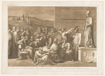 Allegorische verheerlijking van de boekdrukker Giovanni Battista Bodoni Este gênio do paládio, a maravilhosa arte dos tipos / o famoso Bodoni, lhe dá a honra de ter (título no objeto)