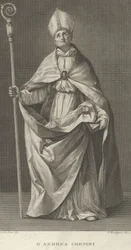 Santo Andrea Corsini vestido como bispo de Fiesole, segurando um báculo e olhando ..., ca. 1780-1841.