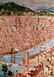 Pianta della Catena, pormenor de um mapa da cidade de Florença chamado «Catena» devido à moldura do mapa em forma de corrente. Realizado por Francesco di Lorenzo Rosselli (1448-1513) em 1490. Florença, Museo Firenze com