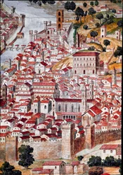 Pianta della Catena: pormenor de um mapa da cidade de Florença chamado «Catena» devido à moldura do mapa em forma de corrente. Realizado por Francesco di Lorenzo Rosselli (1448-1513) em 1490. Florença, Museo Firenze com