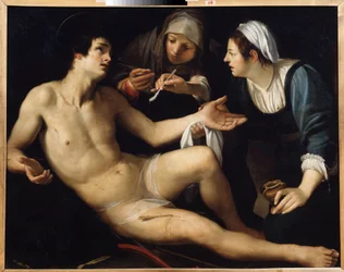 São Sebastião. Ele é curado das suas feridas por uma jovem viúva, Santa Irene. Pintura por Francesco Rustici (ca. 1575-1626). Óleo sobre tela, 119 x 148 cm. Arte Sienesa, Maneirismo Italiano. Museu Estatal de Arte, Yekaterineburg.