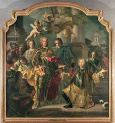 Conde Gundaker Althann entregando ao Imperador Carlos VI (Carlos III da Hungria) (1685-1740) o Inventário da Coleção Imperial de Imagens no Stallburg (1685-1740) cabeças do Imperador
