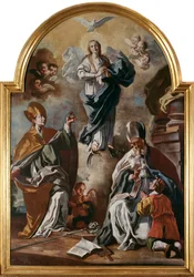 A pomba do Espírito Santo aparece acima da Virgem com santos (óleo sobre tela