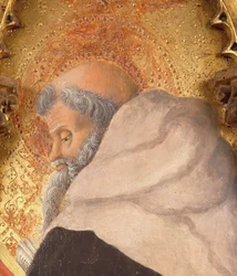 Perfil de Dalbono Edward detalhe de Altarpiece of Lazara, de Francesco Squarcione (1397-1468), tempera no painel