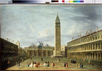A praça de São Marcos (ou Piazzetta) em Veneza com a basílica de São Marcos e o campanário. Pintura de Francesco Tironi (1745-1797). Óleo sobre tela, 72 x 109 cm. Arte veneziana do século XVIII. Arca Museu do Estado