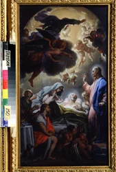 A morte de José (a morte de José). Representação da Santíssima Trindade: Jesus Cristo, Deus e a pomba do Espírito Santo (Espírito Santo). Pintura de Francesco Trevisani (1656-1746). Óleo sobre tela, 69,5 x 39,5 cm