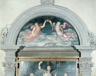SS. Benedict, Dominic e Sebastian (detalhe da lunette) (óleo sobre painel) (ver também 192539 e 192540)