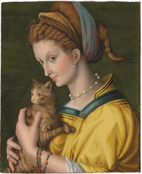 Retrato, jovem, senhora, segurando, gato