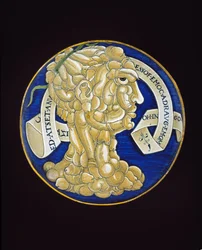 Prato com uma cabeça de pênis composta, c.1536 (faiança de latão estanhado, maiolica)