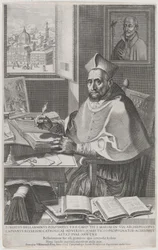 Cardeal Roberto Bellarmino em sua mesa, escrevendo, 1604.