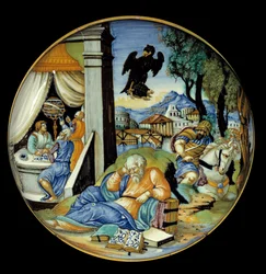 Corte na perna baixa: Alegoria do destino. Faiança. Feito por Francesco Avelli Xanto (ativo por volta de 1530/1540)