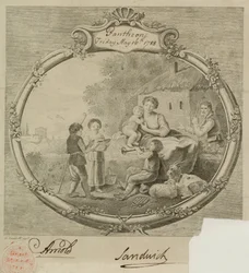 Cena de fazenda, com crianças cantando e tocando instrumentos musicais