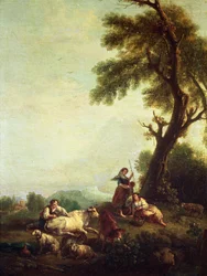 Paisagem, com, camponeses, observar, um, rebanho gado