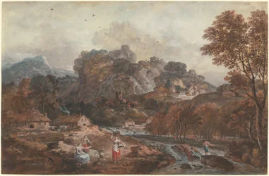 Paisagem de montanha com lavadeiras e um pescador