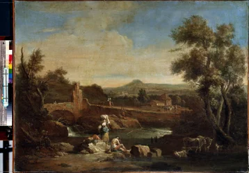 Paisagem com um rio. Pintura de Francesco Zuccarelli (1702-1788). Óleo sobre tela, 81,5 x 119 cm. Arte veneziana do século XVIII. Museu Hermitage, São Petersburgo.