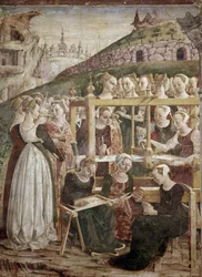Alegoria da marcha, detalhe do triunfo de Minerva com tecelagem feminina) detalhe - fresco por Francesco del Cossa (ca. 1436-vers 1478) Ferrara (Ferrara) Palazzo Schifanoia, Salone dei Mesi