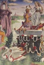Triunfo de Vénus e Sinal de Touro, cenas do Mês de Abril, muro leste, Salão dos Meses, Palazzo Schifanoia (Palácio da Alegria), Ferrara, Emilia-Romagna, Itália, c.1470 (fresco) (detalhe de 763493)