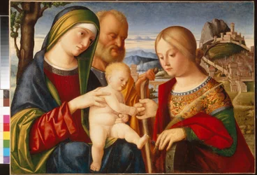 O Casamento Místico de Santa Catarina - Pintura de Francesco di Bernardo de Vecchi Santacroce (1505-1545), óleo sobre tela, 47,5x67 cm - O Casamento Místico de Santa Catarina, Óleo sobre tela de Francesco di Bernardo de Vecchi Santacroce - Estado A Push