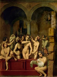 A carta de Urias, Betsabé e as suas criadas a tomar banho (pintura sobre madeira de choupo)