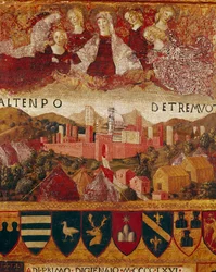 Ex voto (ou ex voto): “” A Virgem Maria protegendo a cidade de Siena na época dos terremotos de 1466-1467”” Detalhe. Pintura em madeira de Francesco di Giorgio Martini (1439-1502) decorando uma Biccherna (capa do registro contábil da cidade de Si