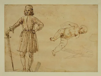 Uma criança sentada; um homem de pé segurando uma espada ...