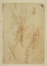 Estudos de figuras. Caneta e tinta castanha, bico de metal Papel cor-de-rosa ...
