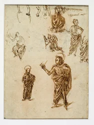 Esboços de figuras; santos; um anjo; um braço; pernas ...
