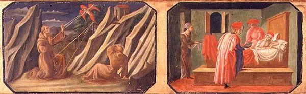 (LR) São Francisco de Assis recebendo os estigmas, SS. Cosme e Damião curando um homem doente; cópias de painéis originais que fazem parte do Predella para a Madonna e Criança Enthroned por Filippo Lipp