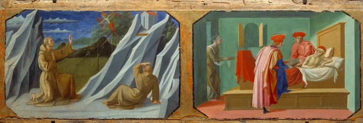 São Francisco de Assis recebendo estigmas, São Cosimo (Venha ou Cosimo) e São Damien cuidando de um doente Pinturas em madeira de Francesco di Stefano dit Pesellino (ca. 1422-1457) Sol do século XV. 0,32x0,94 m