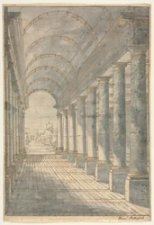 Arcade com abóbada de barril renderizada em perspectiva, 1700.