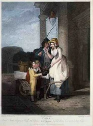 "Round and Sound, Five Pence a Pound, Duke Cherries", placa 8 de "The Cries of London", gravada por Anthony Cardon (1772-1813), pub. da Colnaghi & Co.