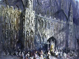 A Frente Ocidental da Catedral de Exeter, com uma procissão religiosa em primeiro plano