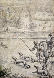 Coursing the Hare, ilustração para o pub "The Gentleman&39;s Recreation" de Richard Blome. 1686 (caneta e tinta com lavagem em papel)