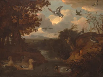 Patos e outras aves sobre um riacho numa paisagem italiana