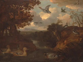 Patos e outras aves à volta de um riacho numa paisagem italianizada