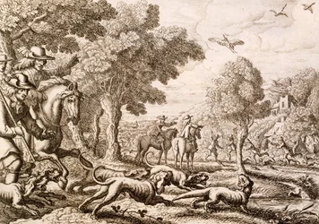 Caça às lontras por um rio, gravada por Wenceslaus Hollar, 1671