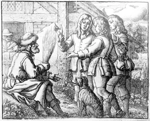 O velho e seus filhos, ilustração de &39;Fábulas de Esopo&39;, 1666 (gravura)