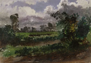 Uma vista do jardim do artista de sua casa em Exmouth, Devonshire (óleo sobre papel montado em papelão)
